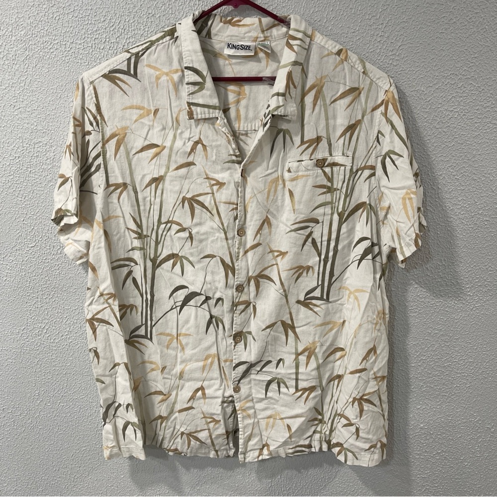 KingSize Men’s 4XL Button Front Short Sleeve Beige Leaf Print 100% Cotton